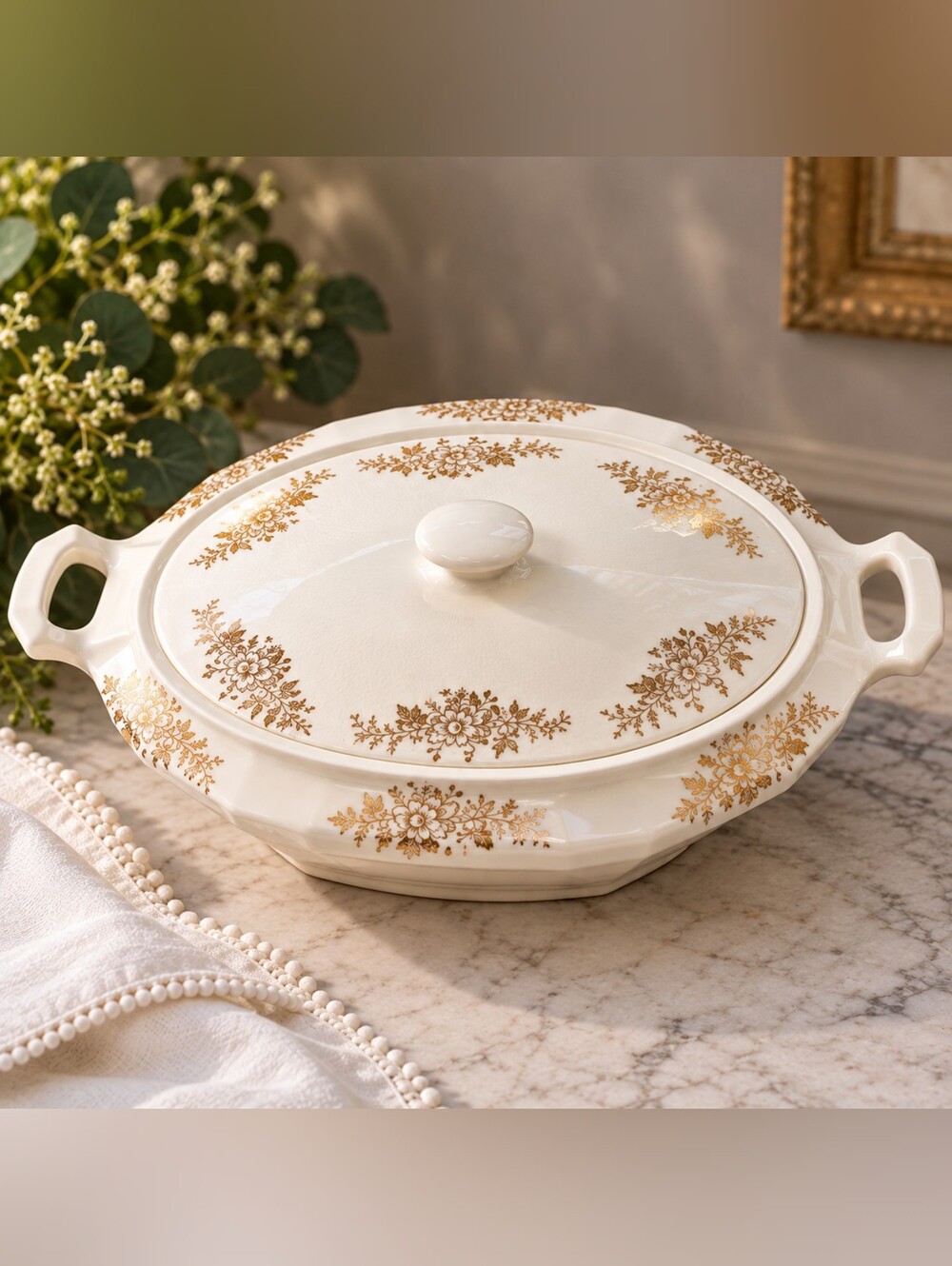 1927 Edwin M Knowles Ivory Covered Vegetable Serving Dish Gold Floral China